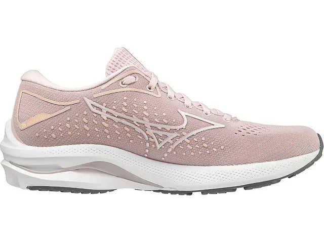 Lateral view of the Women's Wave Rider 25 by Mizuno in the color Pale Lilac / White