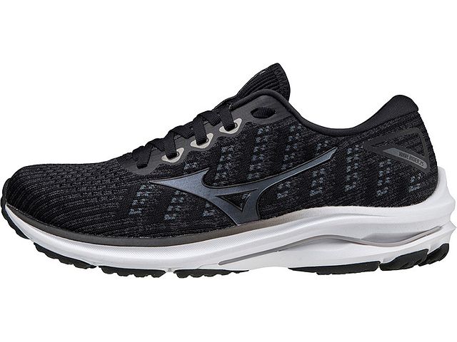 Medial view of the Women's Wave Rider 25 Waveknit by Mizuno in the color Black/Onyx
