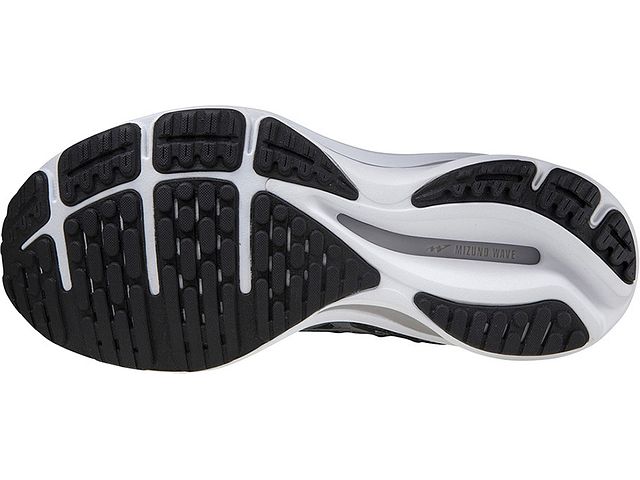 Bottom (outer sole) view of the Women's Wave Rider 25 Waveknit by Mizuno in the color Black/Onyx
