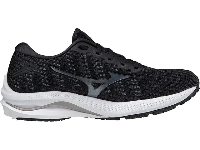 Lateral view of the Women's Wave Rider 25 Waveknit by Mizuno in the color Black/Onyx