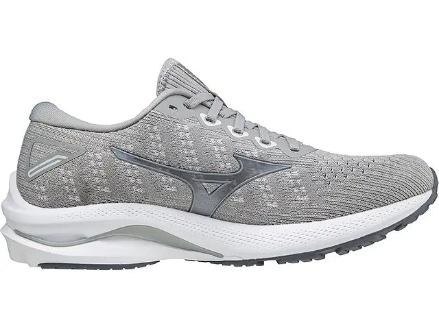 Lateral view of the Women's Mizuno Wave Rider 25 Waveknit in the color Harbor Mist / Silver
