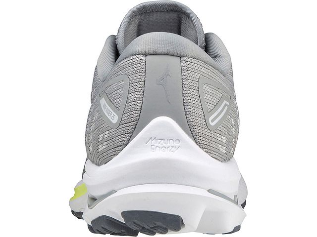 Back view of the Women's Mizuno Wave Rider 25 Waveknit in the color Harbor Mist / Silver