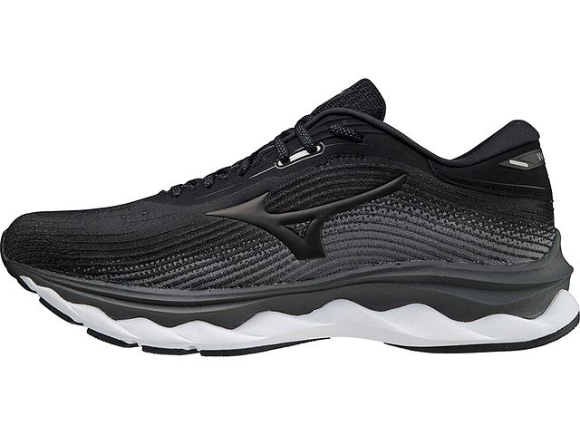 Medial view of the Men's Wave Sky 5 by Mizuno in the color Black