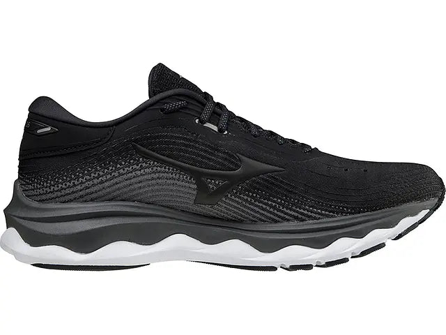 Lateral view of the Women's Wave Sky 5 by Mizuno in Black