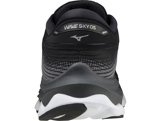 Back view of the Men's Wave Sky 5 by Mizuno in the color Black