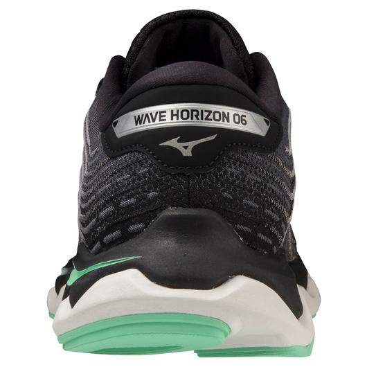 Back  view of the Women's Wave Horizon 6 by Mizuno in the color Iron Gate/Silver