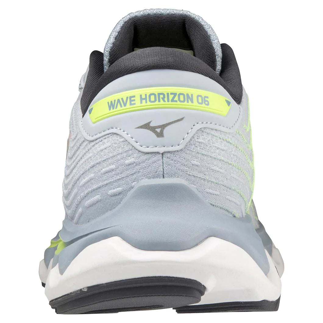 Back view of the Women's Wave Horizon 6 by Mizuno in the color Heather / White