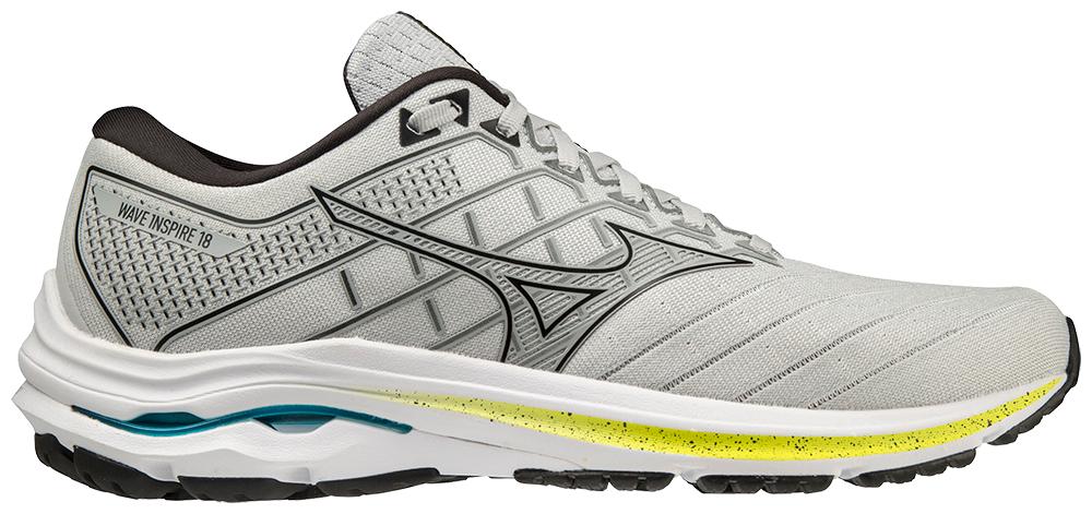 Lateral view of the Men's Mizuno Wave Inspire 18 in the color Nimbus Cloud / Black
