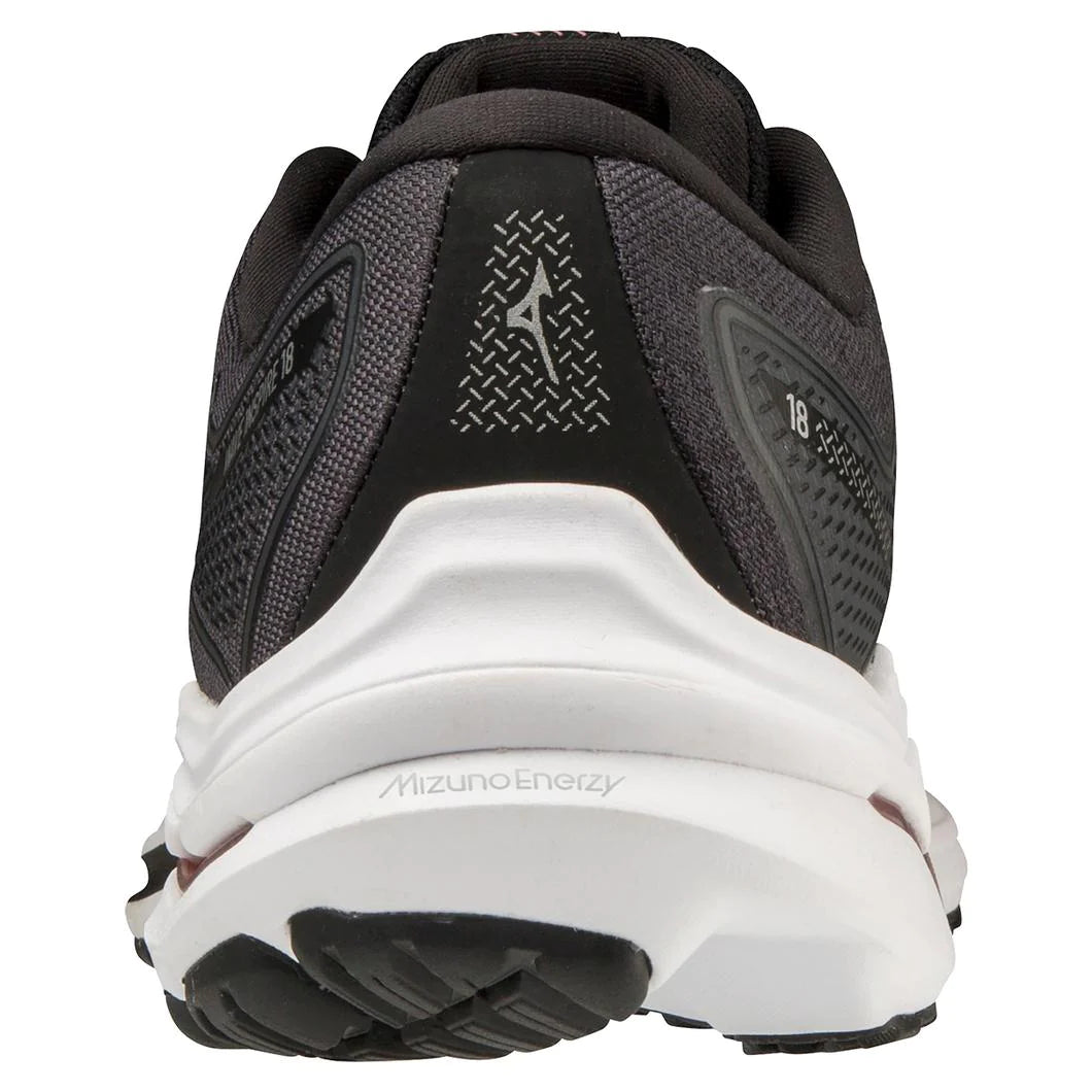 Back view of the Women's Mizuno Wave Inspire 18 in the color Black / Silver