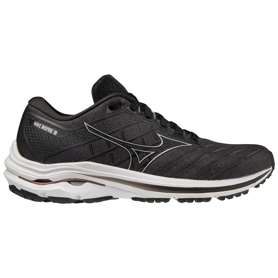 Lateral view of the Women's Mizuno Wave Inspire 18 in the color Black / Silver