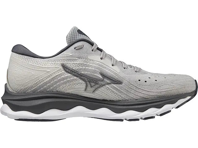 Lateral view of the Women's Wave Sky 6 by Mizuno in the color Ultimate Grey