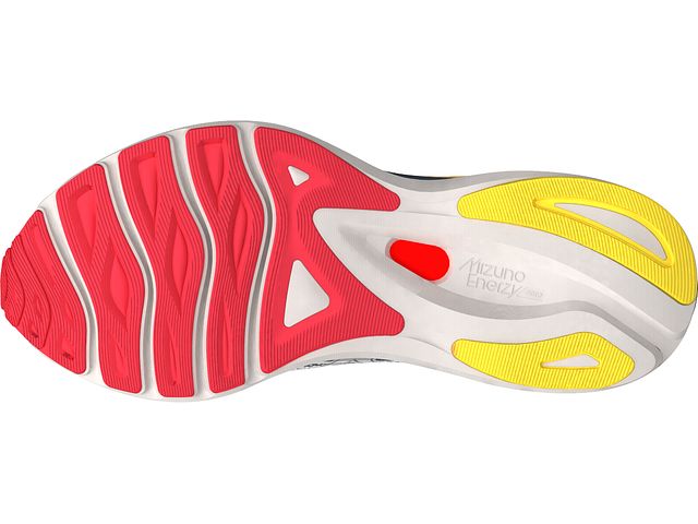 Bottom (outer sole) view of the Women's Wave Sky 6 by Mizuno in the color White / Hibiscus