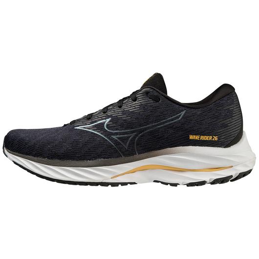 Medial view of the Men's Wave Rider 26 by Mizuno in the color Odyssey Grey/Metallic Grey