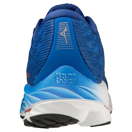 Back view of the Men's Wave Rider 26 by Mizuno in the color Super Sonic/Ice Water
