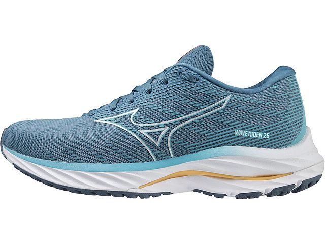 Medial view of the Women's Mizuno Wave Rider 26 in the color Mountain Spring / White