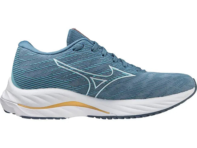 Lateral view of the Women's Mizuno Wave Rider 26 in the color Mountain Spring / White