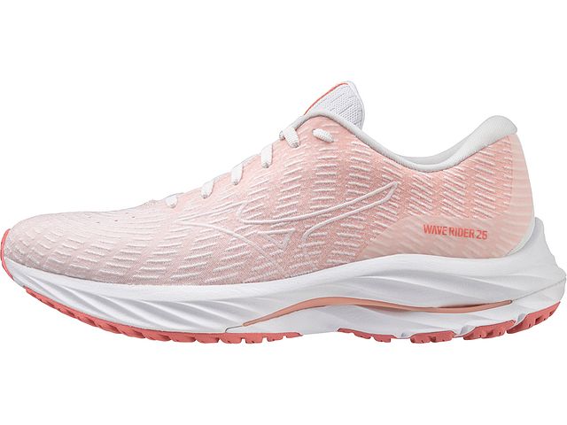 Medial view of the Women's Wave Rider 26 SSW by Mizuno in the color White/Vaporous Grey