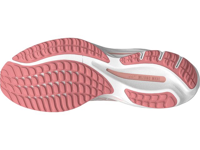 Bottom (outer sole) view of the Women's Wave Rider 26 SSW by Mizuno in the color White/Vaporous Grey