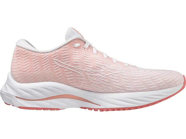 Lateral view of the Women's Wave Rider 26 SSW by Mizuno in the color White/Vaporous Grey