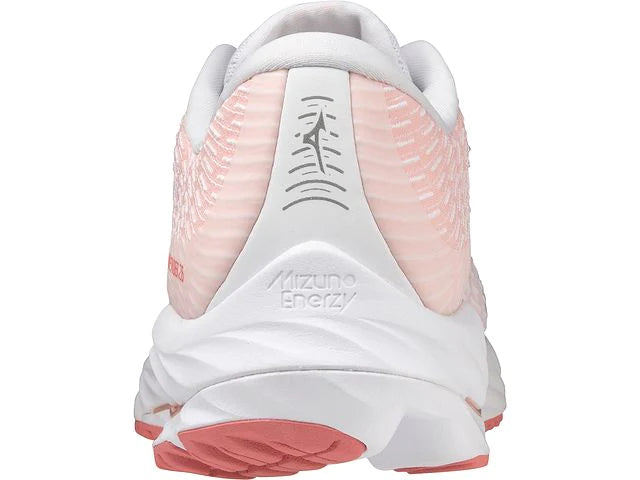 Back view of the Women's Wave Rider 26 SSW by Mizuno in the color White/Vaporous Grey