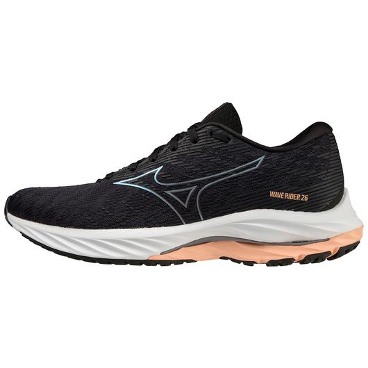 Medial  view of the Women's Wave Rider 26 by Mizuno in the color Odyssey Grey / Quicksilver