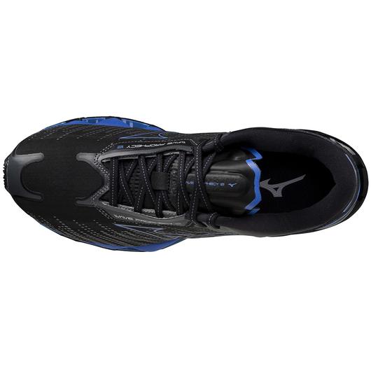 Top view of the Men's Wave Prophecy 12 by Mizuno in the color Black Oyster/Blue Ashes
