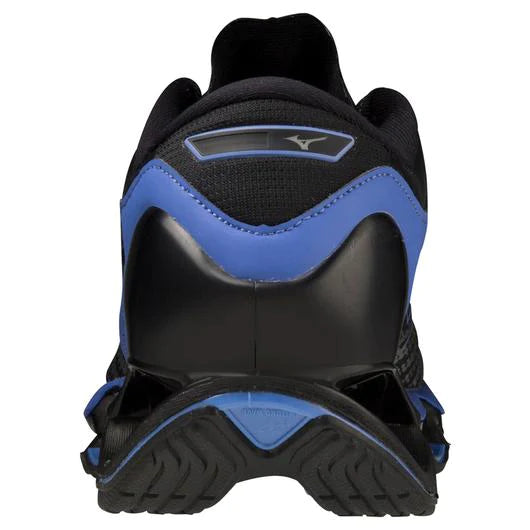 Back view of the Men's Wave Prophecy 12 by Mizuno in the color Black Oyster/Blue Ashes