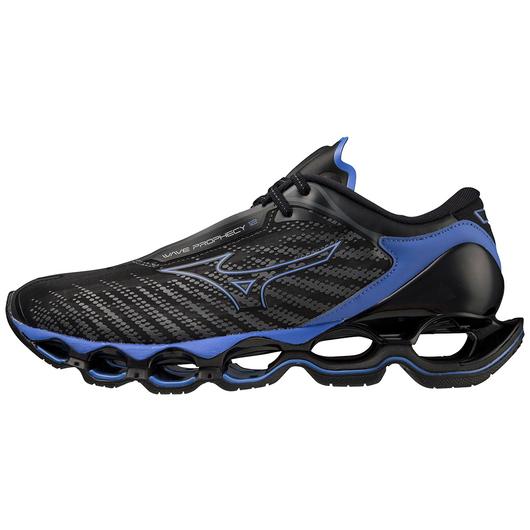 Medial view of the Men's Wave Prophecy 12 by Mizuno in the color Black Oyster/Blue Ashes