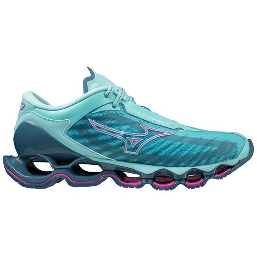 Lateral view of the Women's Mizuno Wave Prophecy 12 in the color Blue Atoll