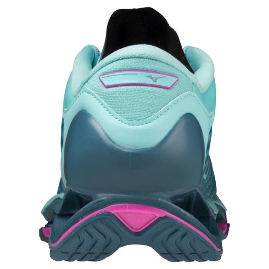 Back view of the Women's Mizuno Wave Prophecy 12 in the color Blue Atoll