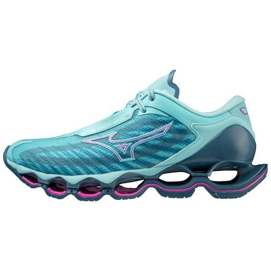 Medial view of the Women's Mizuno Wave Prophecy 12 in the color Blue Atoll