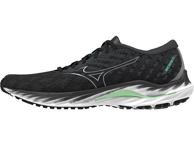 Medial view of the Men's Mizuno Wave Inspire 19 in the color Black / Metallic Grey