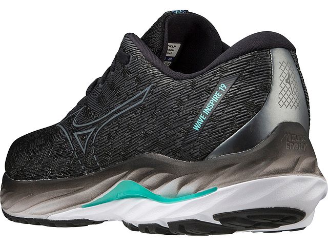 Back angled view of the Men's Mizuno Wave Inspire 19 in the color Black / Metallic Grey