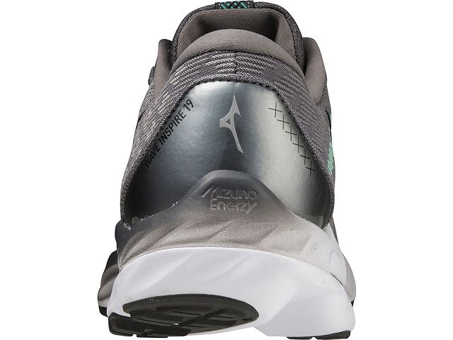 Back view of the Men's Wave Inspire 19 SSW by Mizuno in the color Ultimate Grey/Black