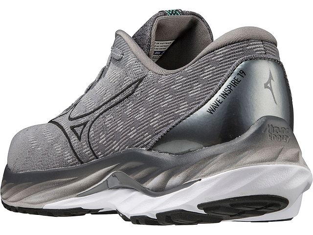 Back angled view of the Men's Wave Inspire 19 SSW by Mizuno in the color Ultimate Grey/Black