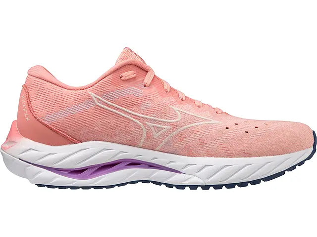 Lateral view of the Women's Wave Inspire 19 SSW by Mizuno in the color Peach Bud / Vaporous Grey