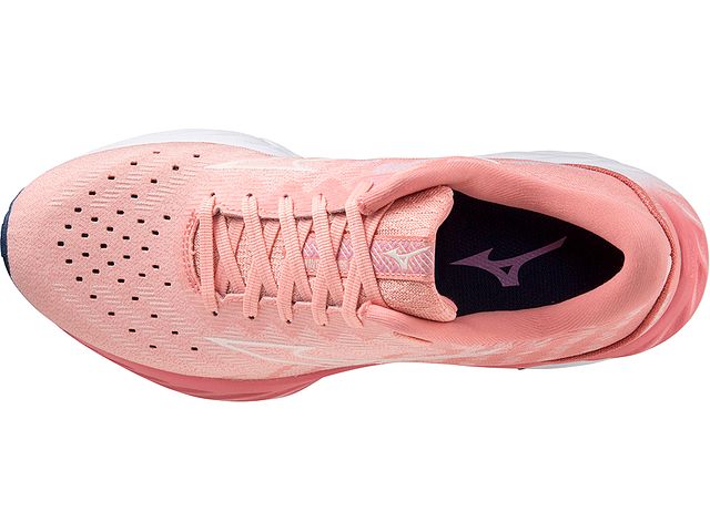 Top view of the Women's Wave Inspire 19 SSW by Mizuno in the color Peach Bud / Vaporous Grey