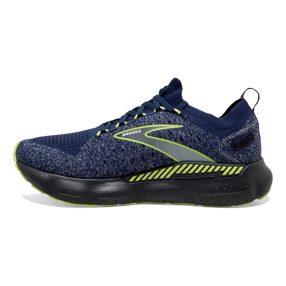 Medial view of the Men's Glycerin Stealthfit GTS 20 by BROOKS in the color Blue/Ebony/Lime