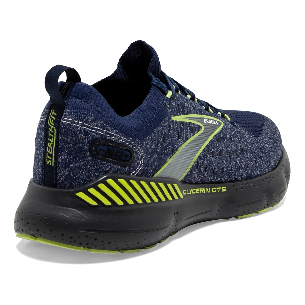 Back angled view of the Men's Glycerin Stealthfit GTS 20 by BROOKS in the color Blue/Ebony/Lime