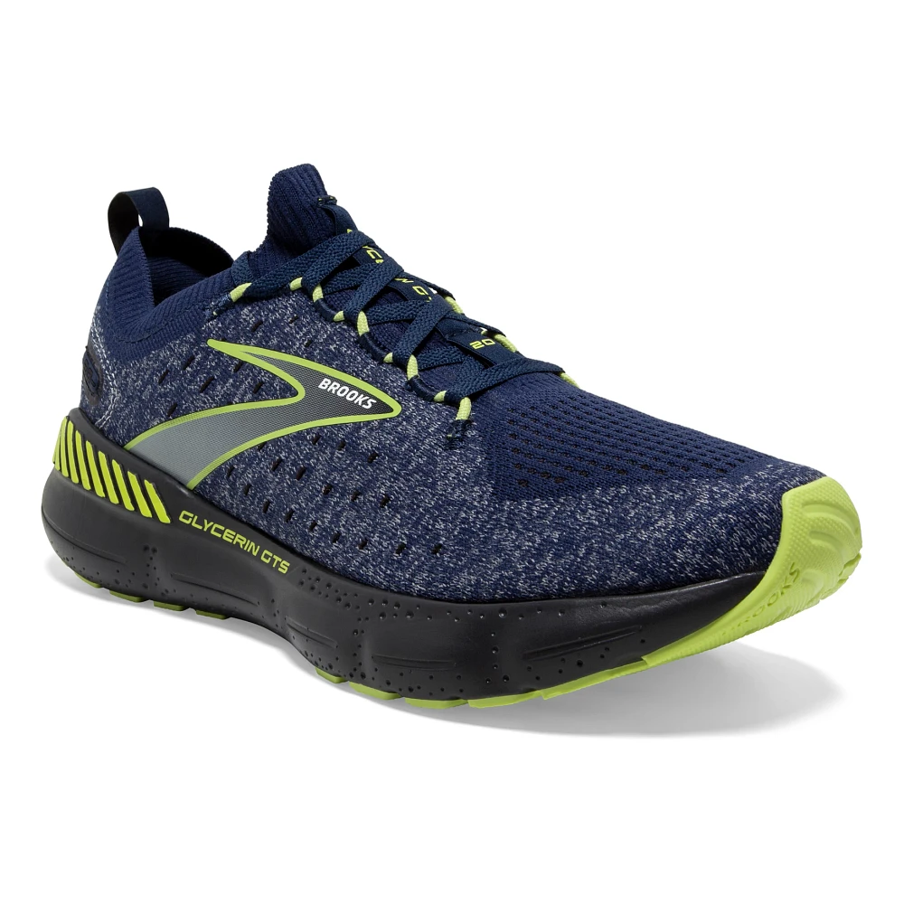 Front angled view of the Men's Glycerin Stealthfit GTS 20 by BROOKS in the color Blue/Ebony/Lime