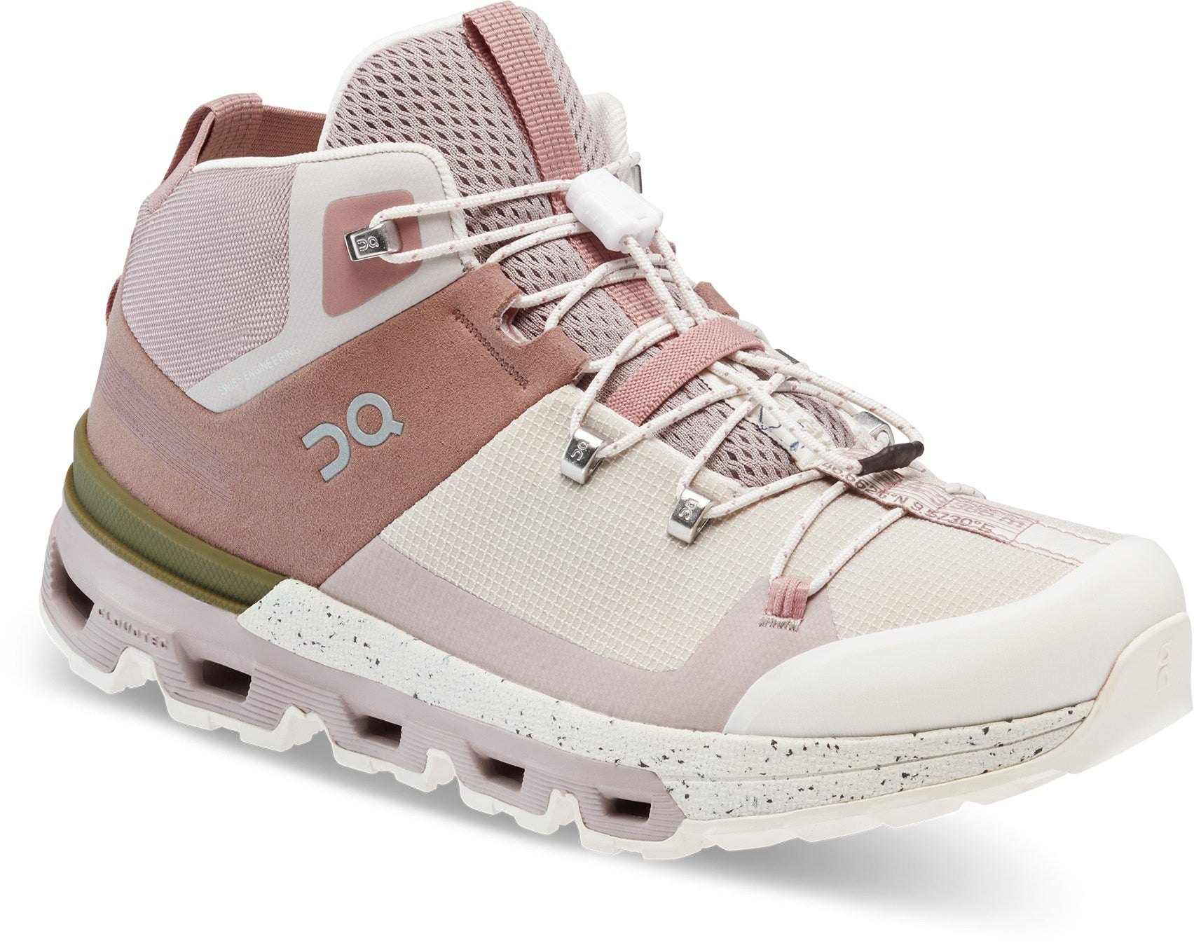 Front angled view of the Women's Cloudtrax hiking boot by ON in the color Rose/Ivory