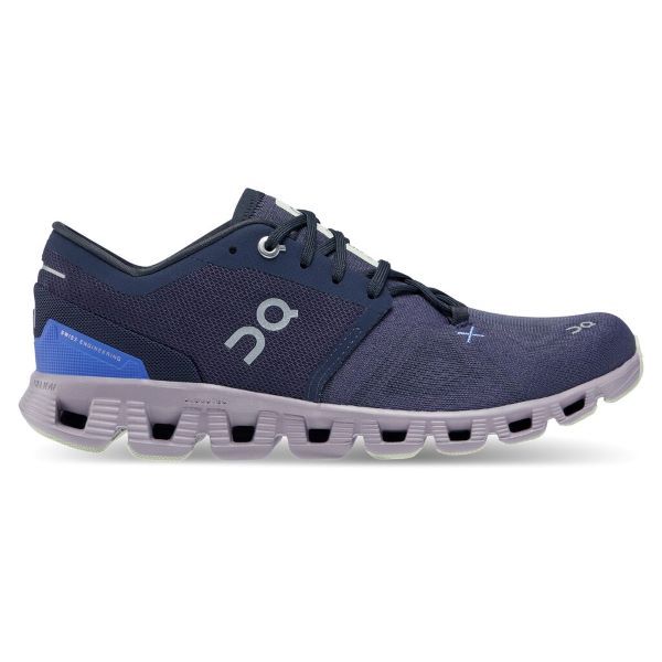 Lateral view of the Women's Cloud X 3 by ON in the color Midnight / Heron