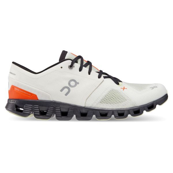 Lateral view of the Men's Cloud X 3 by ON in the color Ivory/Flame