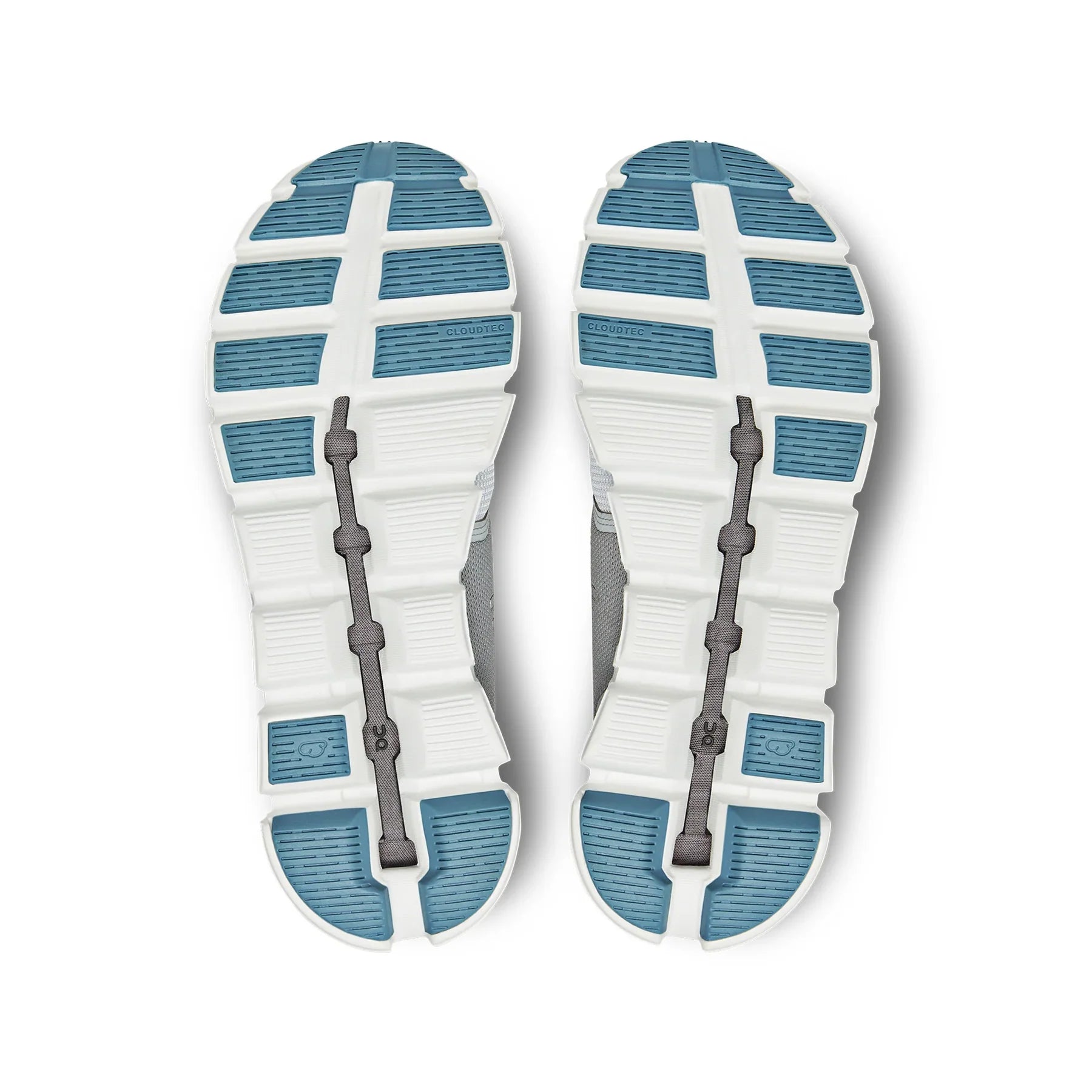 Bottom (outer sole) view of the pair of Women's ON Cloud 5 Push shoes in the color Glacier/Undyed White