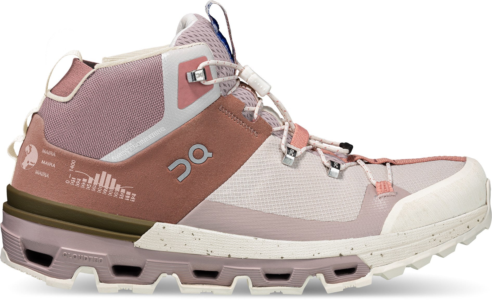 Lateral view of the Women's Cloudtrax hiking boot by ON in the color Rose/Ivory