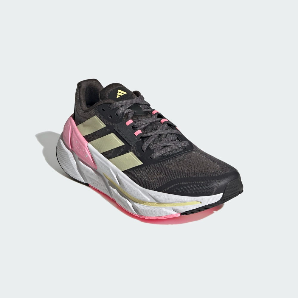 Front angle view of the Women's Adidas Adistar in the color Grey Five/Almost Yellow/Beam Pink