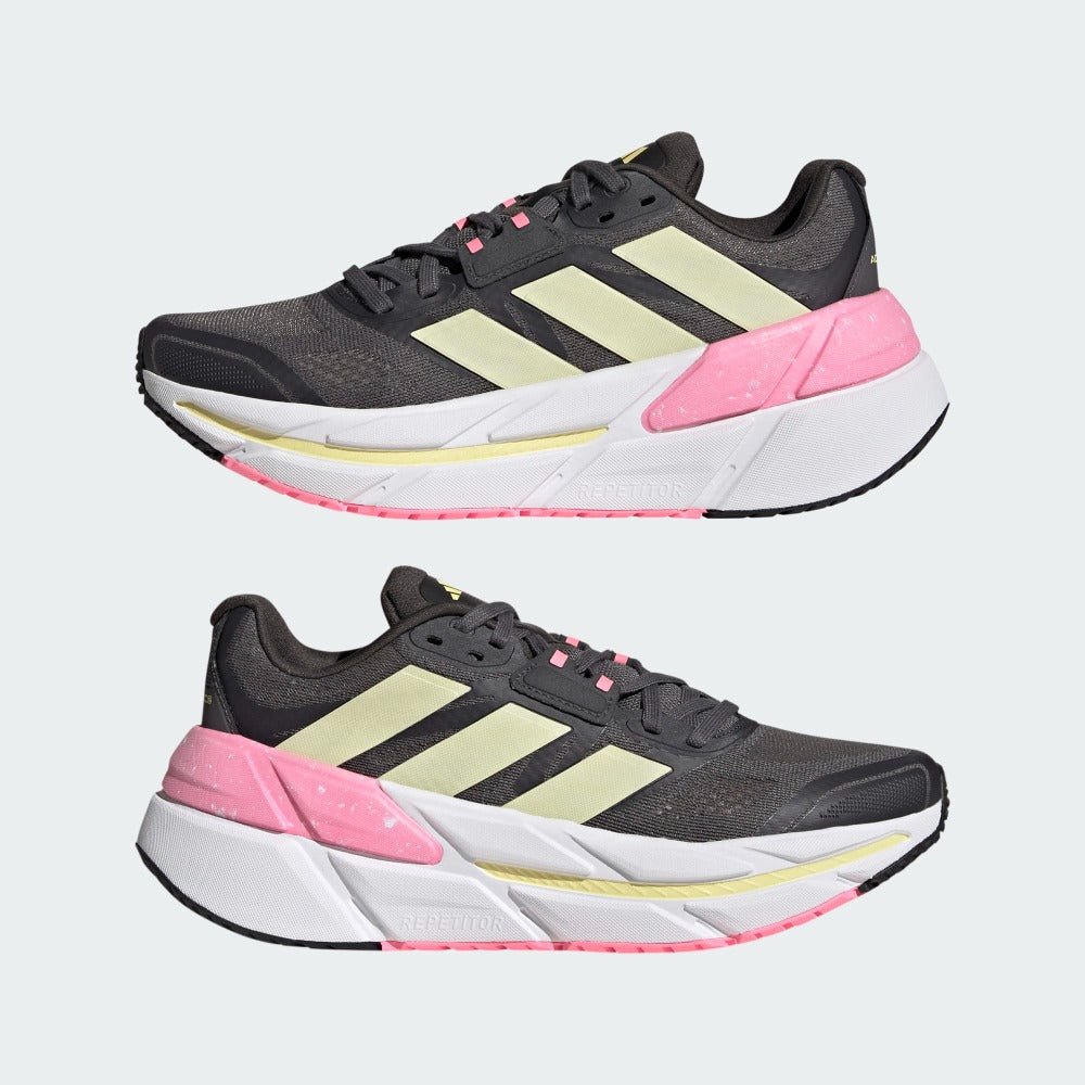 Side views of the Women's Adidas Adistar running shoes in the color Grey Five/Almost Yellow/Beam Pink