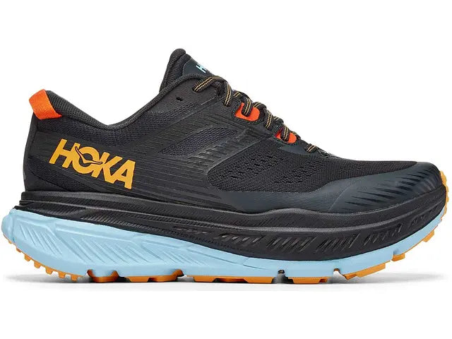 Lateral view of the Men's Stinson (All Terrain) shoe by HOKA in the color Blue Graphite / Summer Song