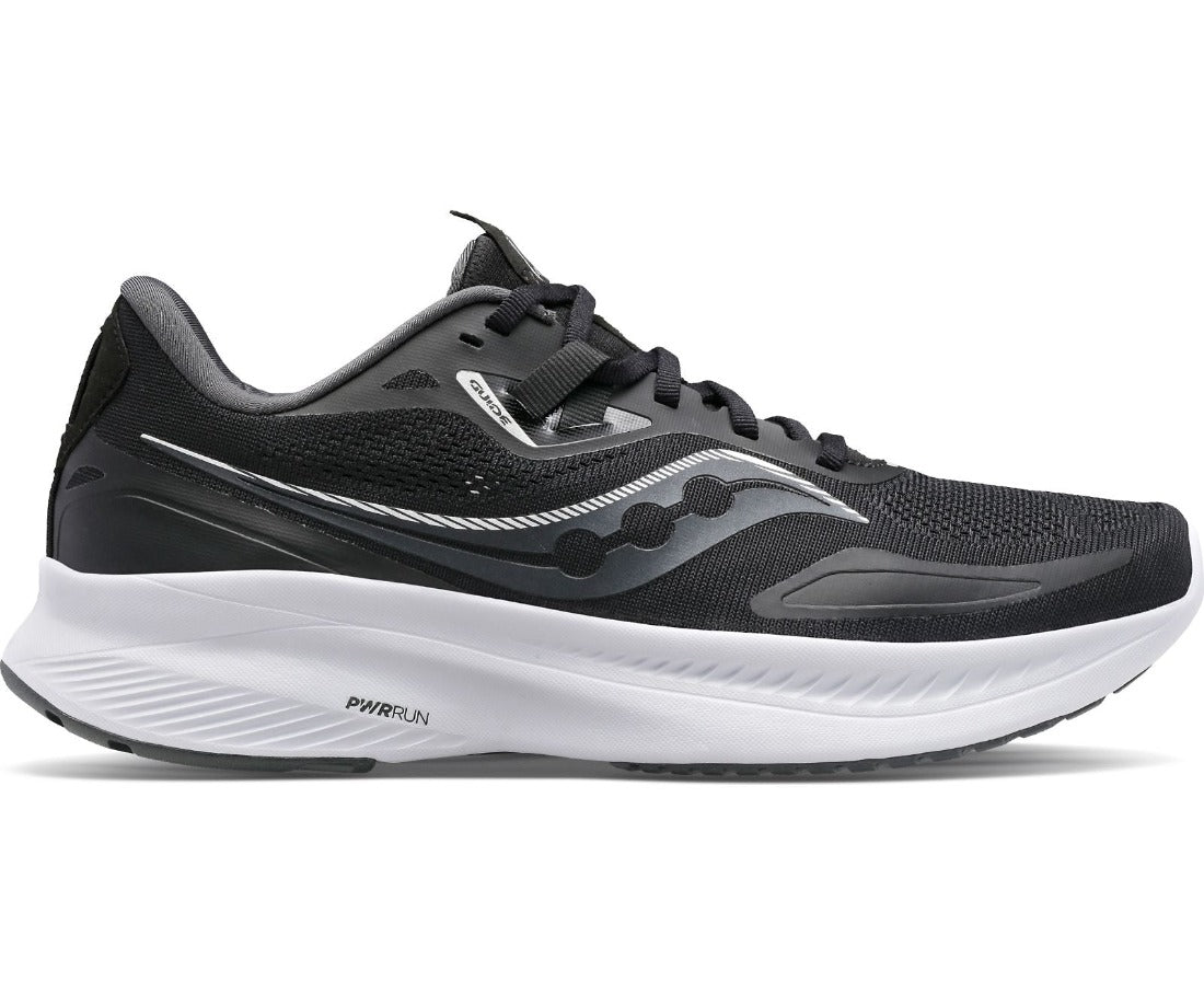 Lateral view of the Women's Guide 15 by Saucony in Black/White
