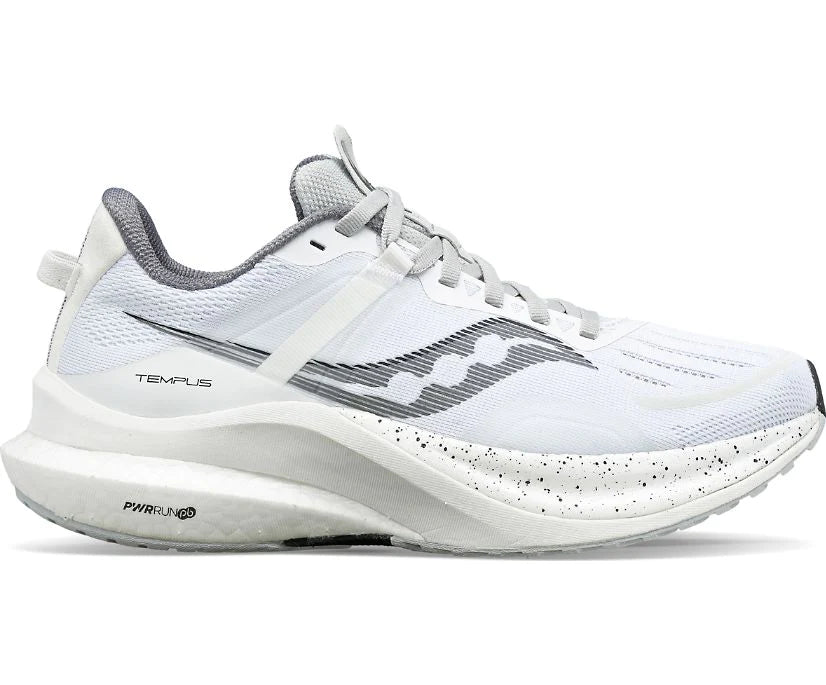 Lateral view of the Women's Tempus by Saucony in the color White/Black